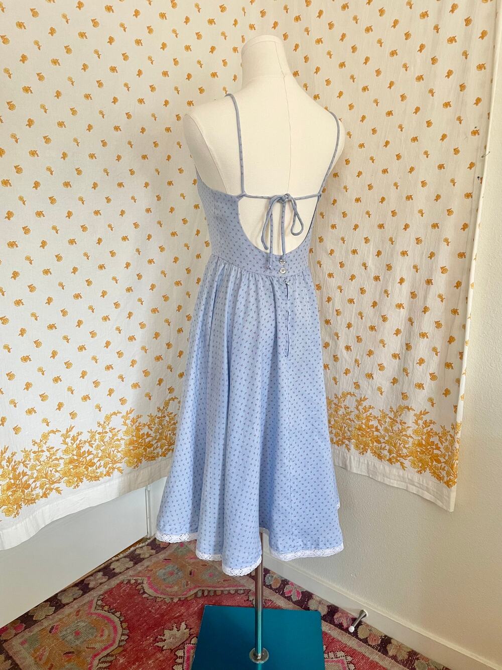 Vintage 70s Blue Calico Prairie Sundress Low Back Lace Hem Pockets